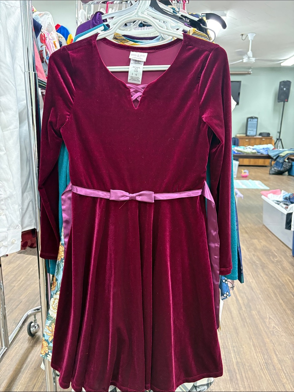 iris & ivy Girls Wine Velvet Long-Sleeve Dress with Satin Bow